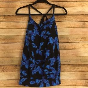 Size 8L Lands End Swim Top Blue/Black Floral